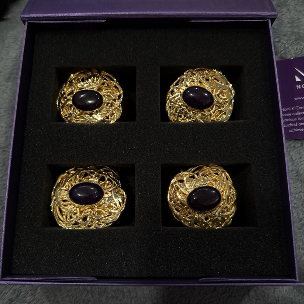 Nomi K Gold Plated Napkin Ring Set with Deep Purple Stones